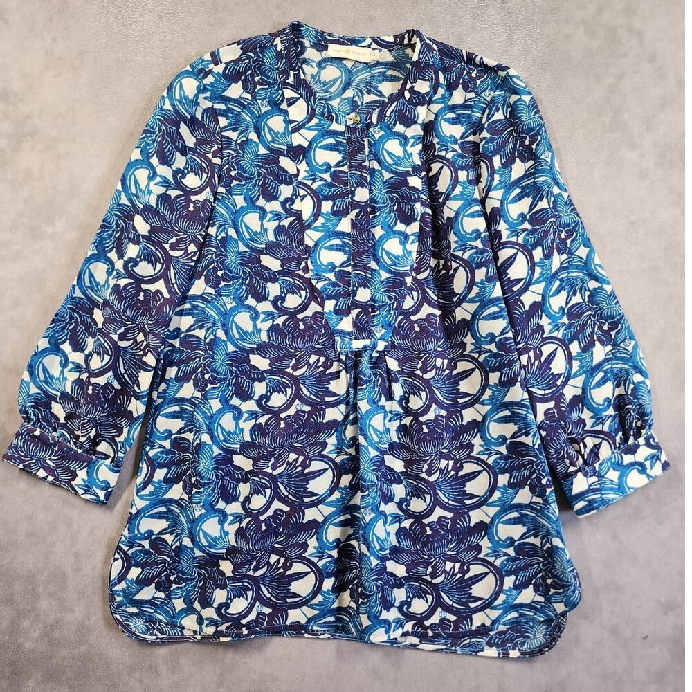 Tory Burch Button Up Tunic Top Womens Size 10 Blue Floral Geometric Wool Silk